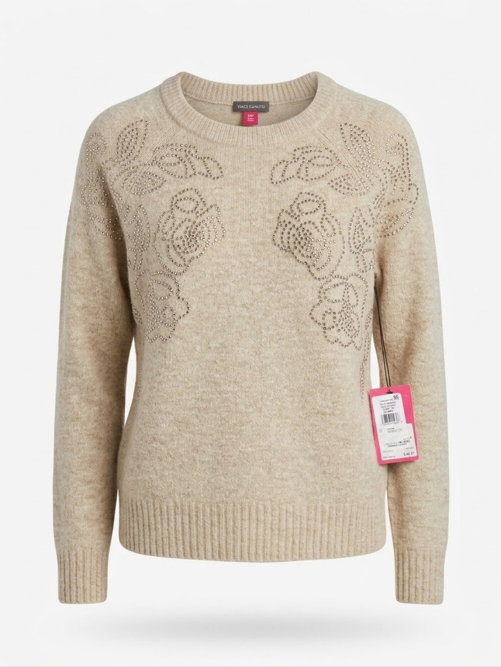 ​NWT Vince Camuto Rhinestone Floral Embellished Sweater Oatmeal | Size MP